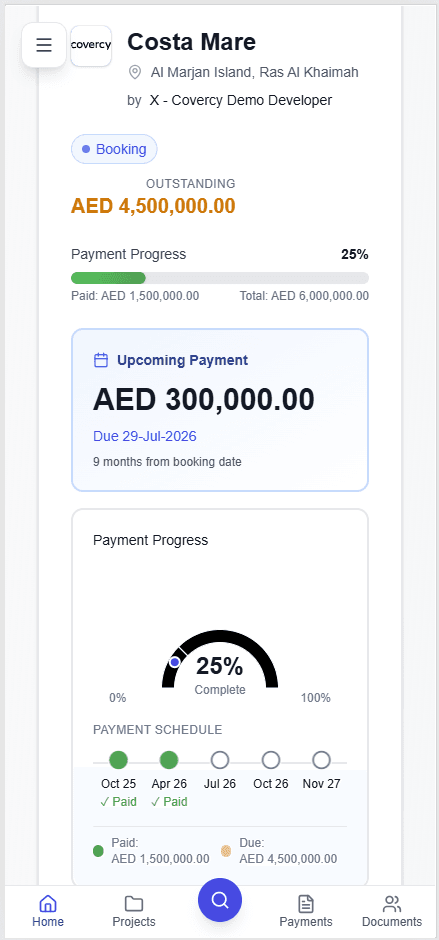 Covercy Prime Buyer Dashboard - Payment progress tracking and project details for property investors
