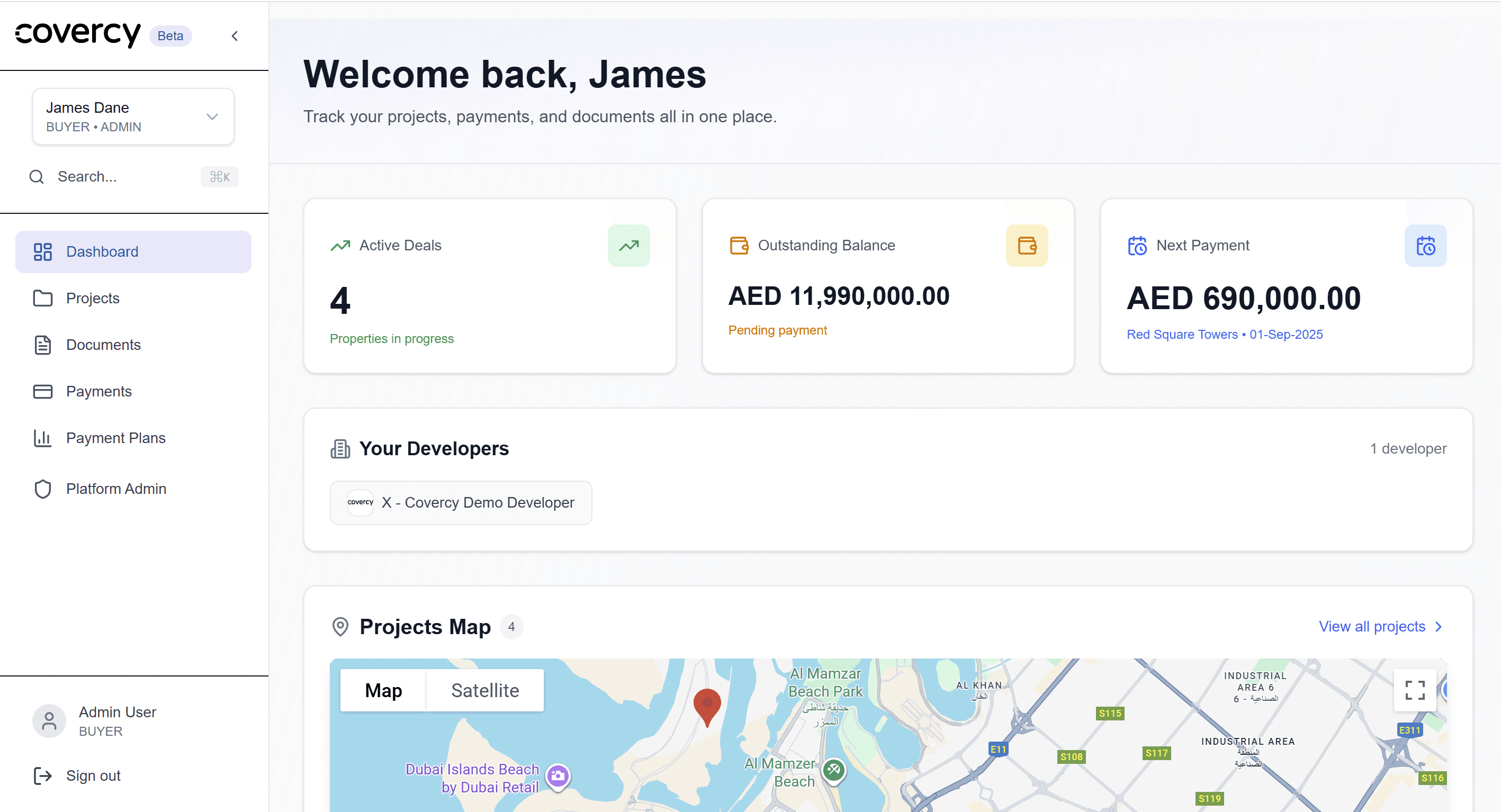 Buyer dashboard interface showing payment tracking and project details