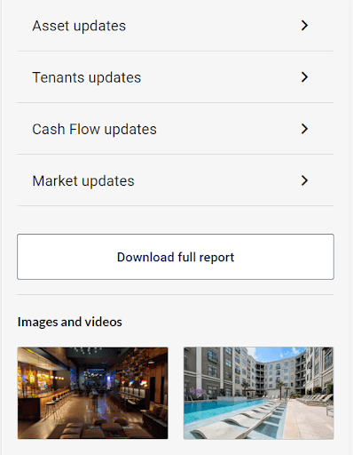 Investor performance reporting with images and videos for commercial real estate